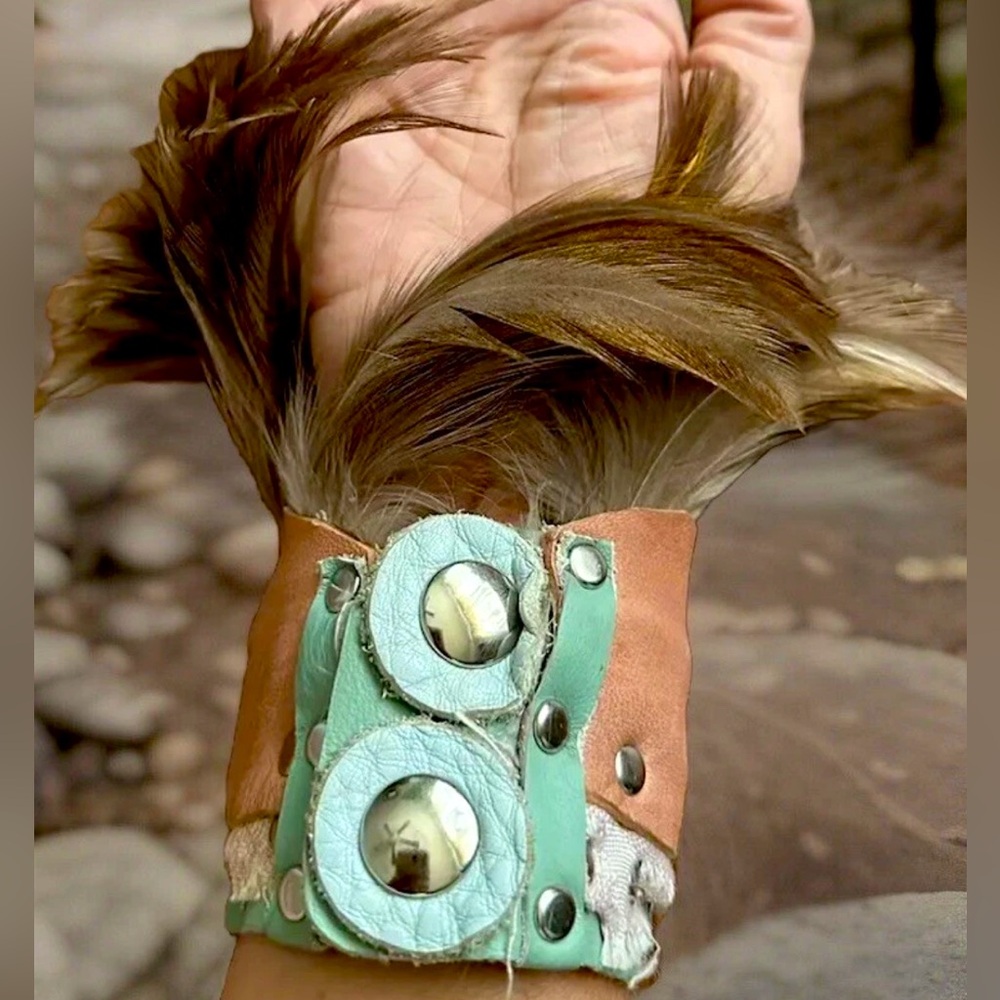 One-of-a-Kind LEATHER & FEATHER WRISTBAND Handmade in Asheville NC